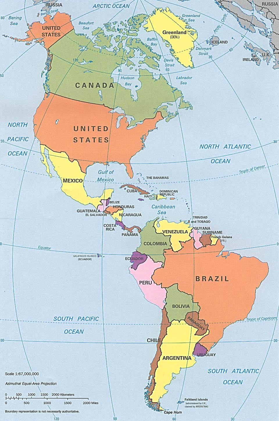 Mapa político colorido das Américas e da região do estreito de Bering