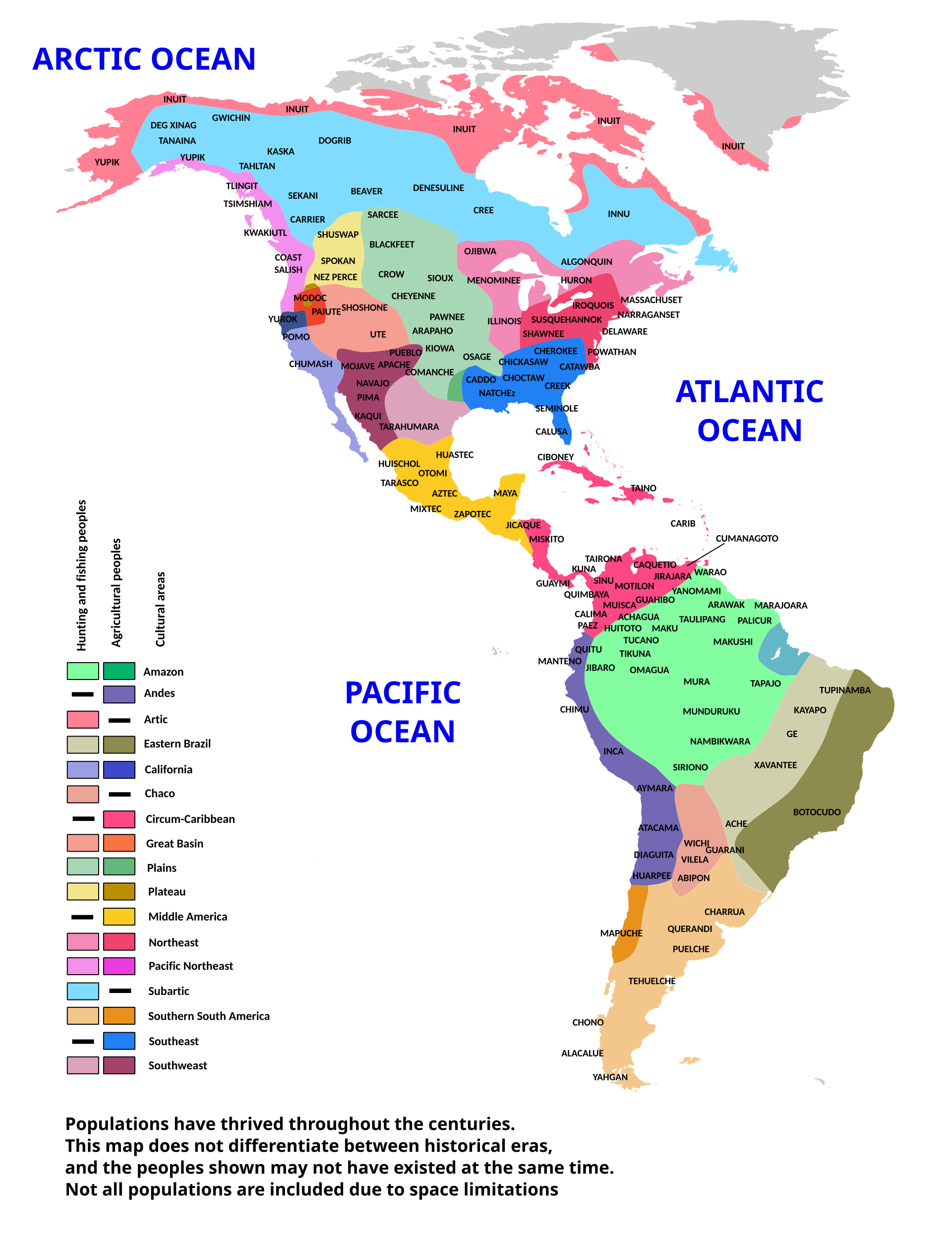 Mapa colorido dos povos e áreas culturais das Américas